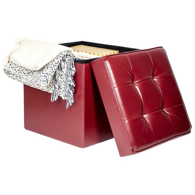 Red Upholstered Folding Storage Ottoman With Padded Seat, Asphalt Black
