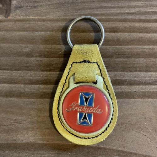 Ford Granada Car Key Chain Ring Fob Leather Yellow Silver Vtg 1970s