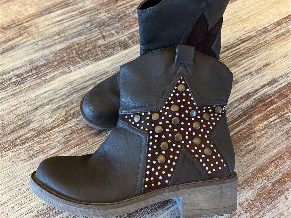 BOTAS Y2K DE COLECCIÓN BOTÍN TACHUELAS ESTRELLAS Marrón VEGANO GRUNGE GÓTICO Boho Biker FESTIVAL 5.5 Foto 4 de 4