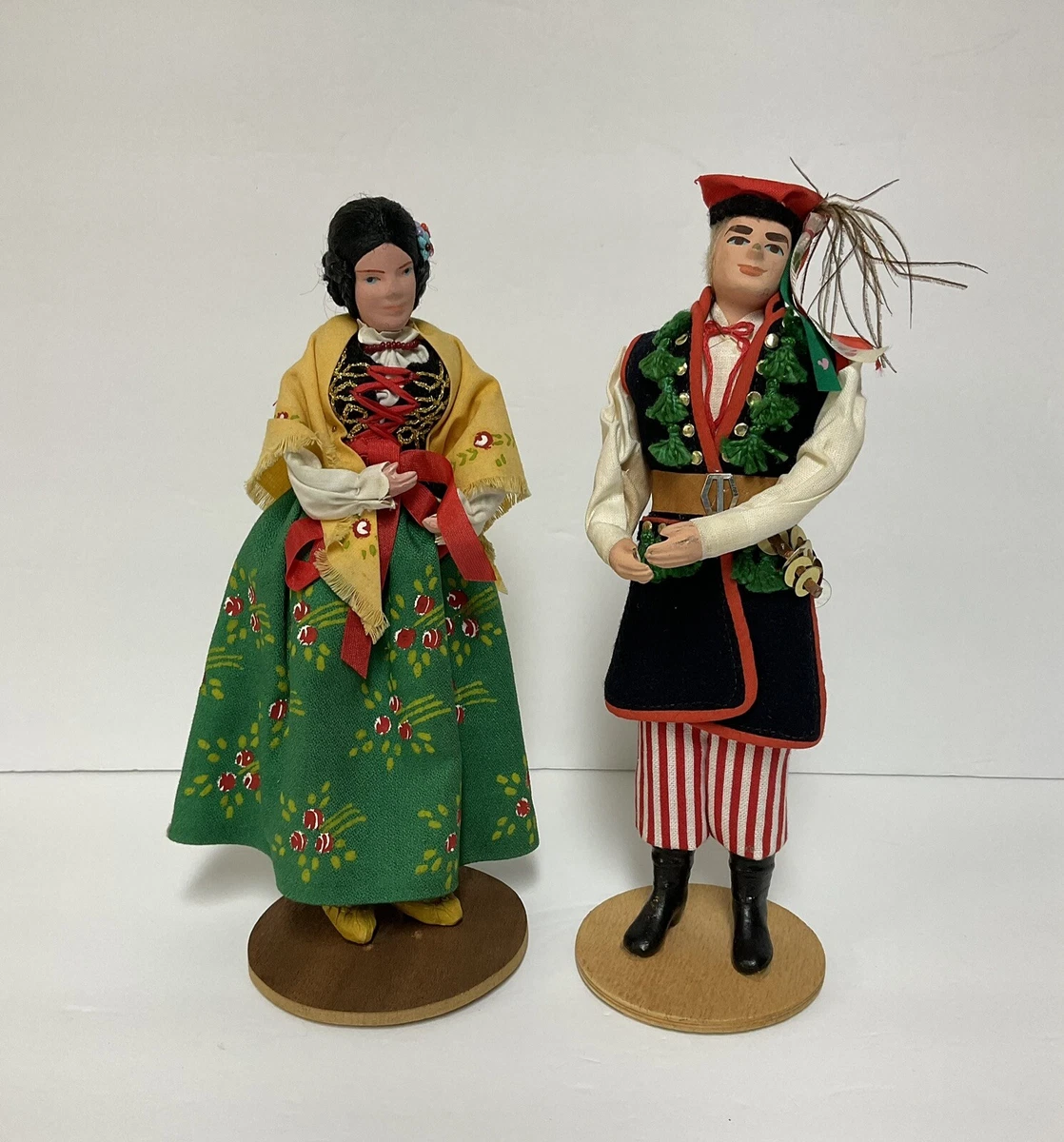 2 Polish Folk Costume Dolls Poland Regional Traditional Dress Handmade 9.5”