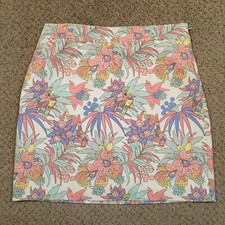 Talbots Skirt Size 10 Pink Blue Floral Bird Pattern Knee Length Lined Canvas