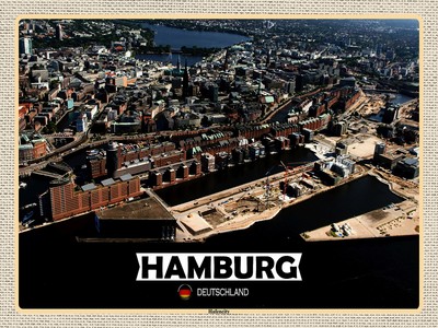 Holzschild 40x30  Hamburg Hafencity Ausblick zum Aufhängen oder Stellen Raum Dek