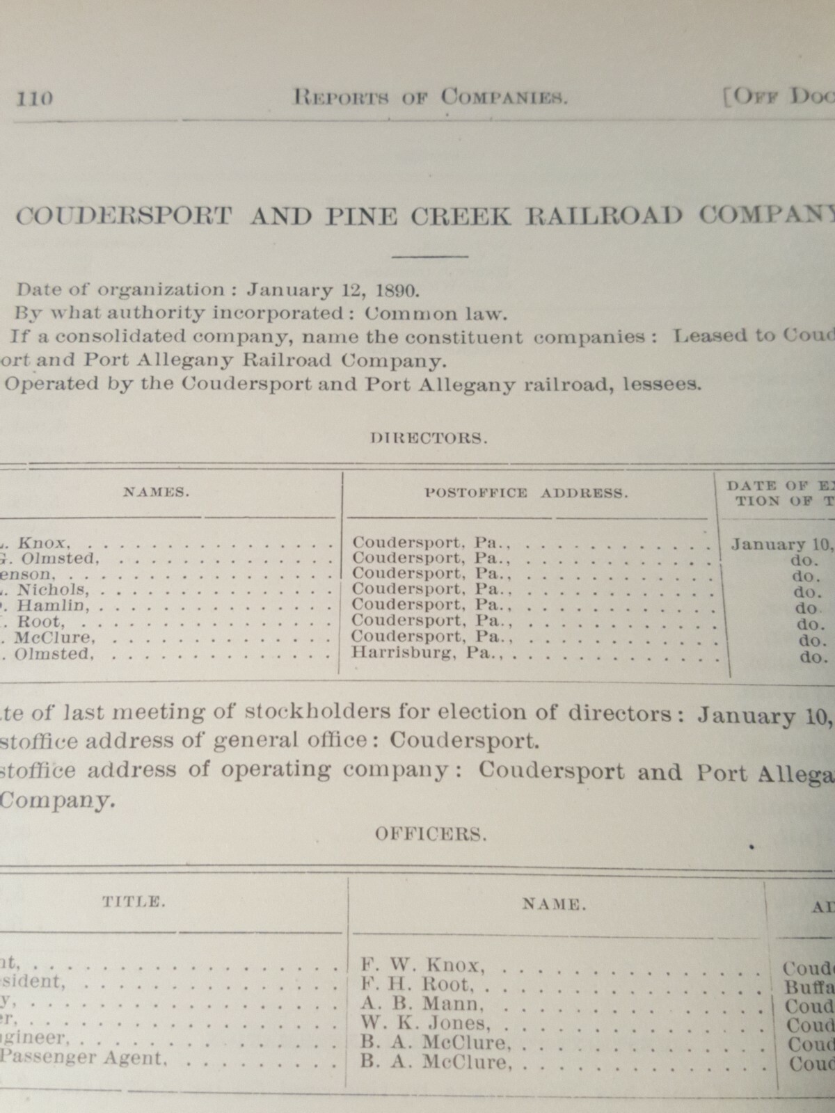 1891 paper COUDERSPORT PINE CREEK RAILROAD Sweden Valley Potter County