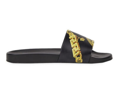 Versace Black and Gold Greek Key Slide Sandals Versace Black Leather Greek Key Thong Sandals main image 2