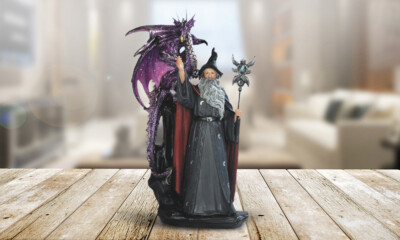 11''H Wizard with Purple Dragon and Magic Wand Figurine Room Decor
