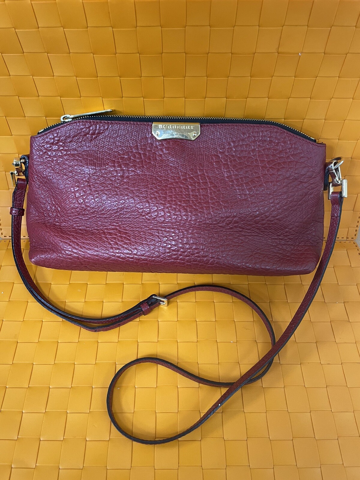Authentic Rare Burberry Dewsbury Embossed Check Red Leather Zip  mint bag R15