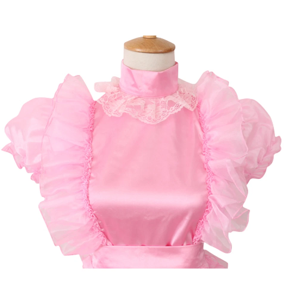 Vestido de organza satinado rosa Sissy Maid uniforme disfraz con disfraces Foto 4 de 4
