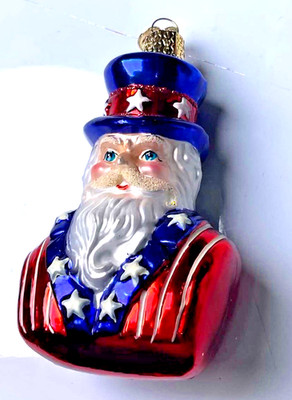 Patriotic Uncle Sam Santa Glass Christmas Ornament Red White Blue Stars Top Hat 