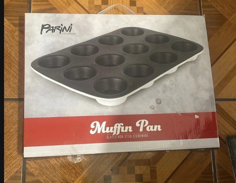 Parini Muffin Pan Glazed Non-Stick 12-Cup Stoneware Black White New