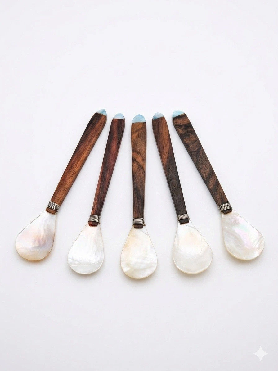 Vintage MCM Mother of Pearl & Wood Caviar Spoons, Set of 5 Luxury Tasting Spoons