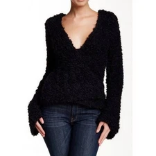 Free People Marshmallow Surplice Fuzzy Sweater M Black Wrap Cross Boho Grunge