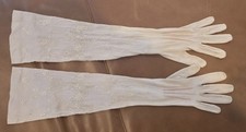 Antique Beige Kayser Silk Embroidered Gloves Opera Length 18" Long Buttons USA