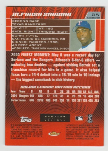 Alfonso Soriano 2005 Topps Finest Blue X-Fractor #25 SP #036/150 SSP /150 - Bild 2 von 2