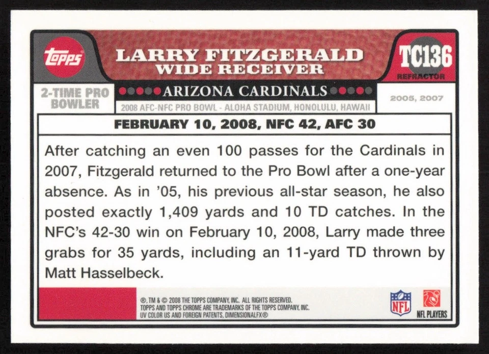 2008 Topps Chrome Blue Refractors #TC136 Larry Fitzgerald Arizona Cardinals - Image 2 of 2
