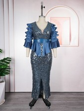 Sequin Bodycon Prom Gown Women African Dashiki Plus Size Long Dress Abaya Kaftan