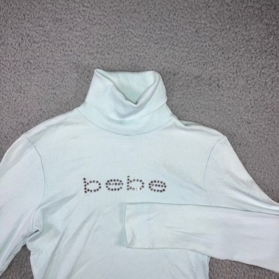 Y2K Bebe Turtleneck L Light Blue Rhinestone Logo Bling Ribbed L/S Cyber Coquette