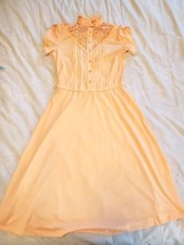 VTG 70s Montgomery Ward Peach Pink Lace Butto Prairie Midi Dress Junior Teen S-M