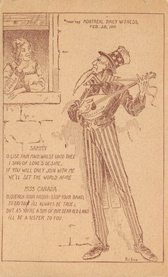 Postcard Uncle Sam Plays Mandolin Of Annexation Wooing East Canada To The U.S.