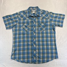 Wrangler Wrancher Shirt Men s XL Blue Plaid Pearl Snap Short Sleeve Western