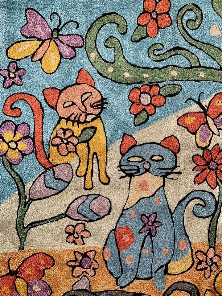 Laurel Burch Inspired Embroidered Abstract Cats Garden Throw Pillow Cover 18x18” - Image 2 of 4