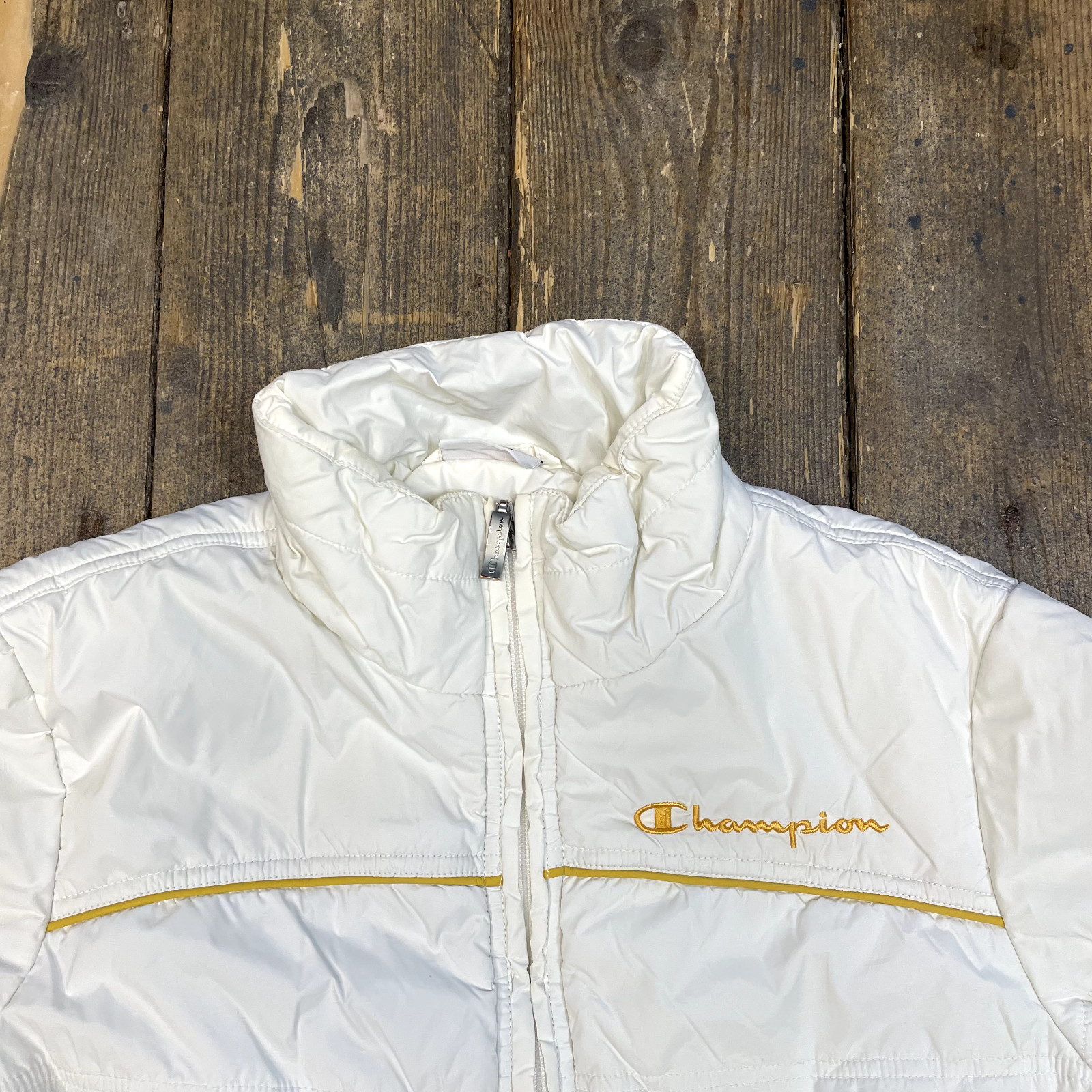 Champion Puffer Jacket Full Zip Script Logo Coat, White, Womens Medium image 7