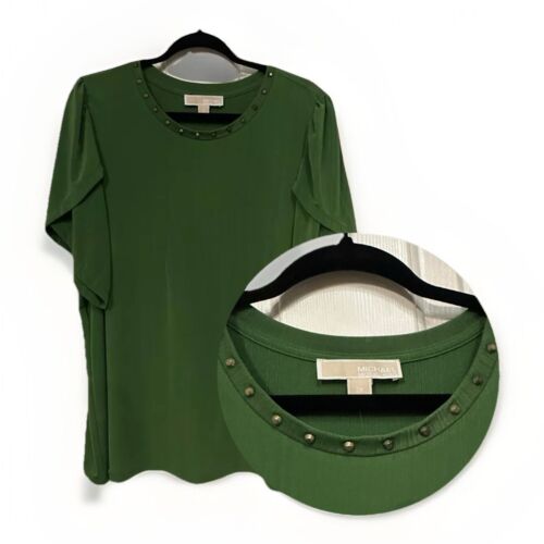 New Michael Kors Blouse Top Studded Flutter Sleeve Office Slinky Womens 2X Green