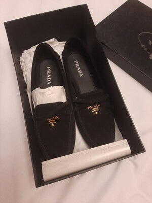 Authentic Prada Women Black Suede Moccasin Loafers SZ 37 | eBay