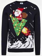Navy Santa Gamer Graphic Christmas Jumper by George Size Large New