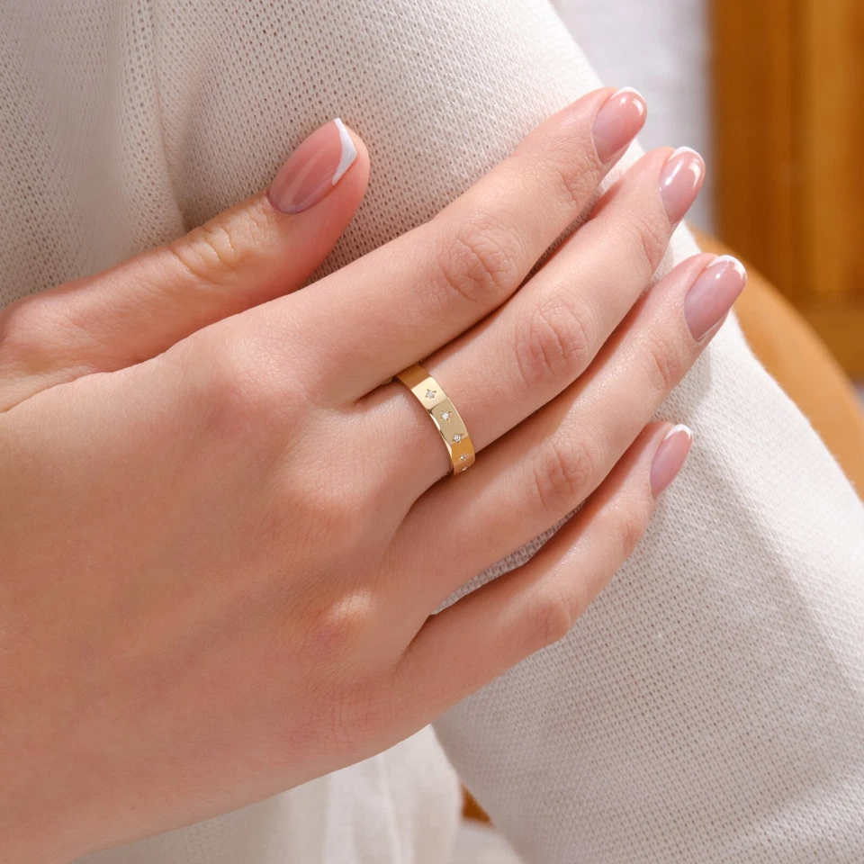 Gold Diamond Eternity Band Ring, Starburst Ring 18K White Gold Band Ring Women - Image 3 of 4