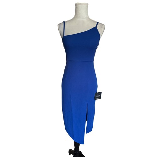 Lulus One-Shoulder Asymmetrical Midi Dress With Side Slit - Cobalt Blue Sz S NWT - Picture 2 of 11