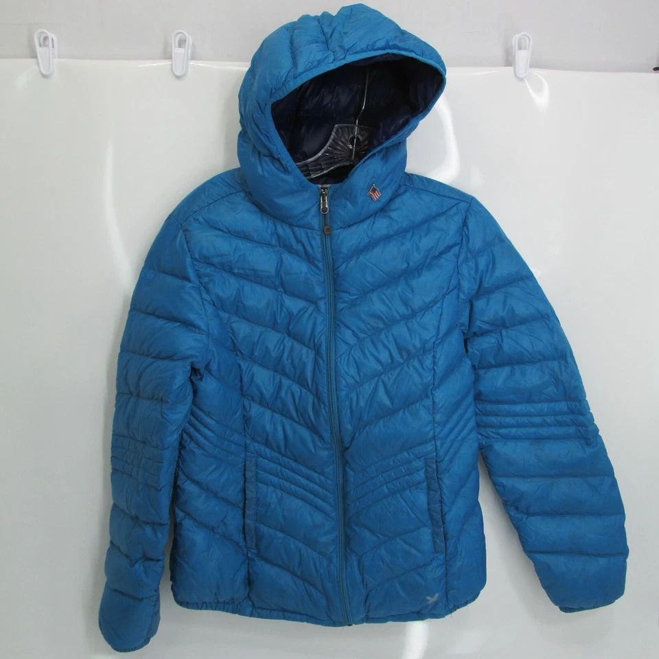 Chaqueta acolchada de plumón premium Xersion para mujer mediana con capucha azul púrpura prendedor Foto 2 de 4