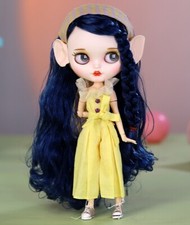 12"Blythe doll Nude Carved lips Bunny Teeth Long Blue hair Factory Joint Body