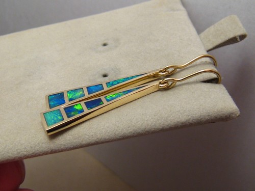 Large Gem Grade Opal Dangle Earrings , Solid 14 k Yellow Gold - Picture 10 of 11