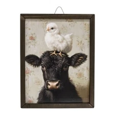 NEW PRIMITIVE FARMHOUSE CALF AND CHICK Print Framed 13"Wx17"H Aged Rustic