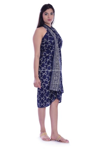 Indian Sarong Scarf Cotton Bikini Bath Dress Hand Block Print Indigo Cover Up - Picture 4 of 5