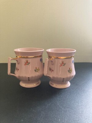 JCZ Original Bohemia Czech Pink Porcelain Floral Gold Trim Mugs Set of 2