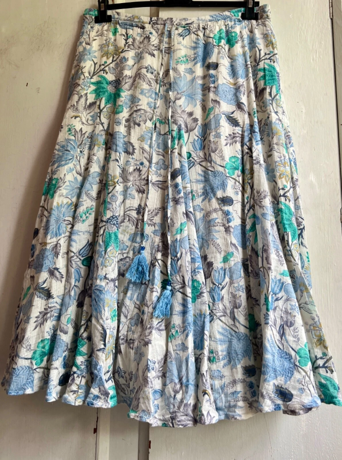 ✩Fab Boho *EAST LIFESTYLE* White Colourful Floral Metallic Cotton Midi Skirt L✩