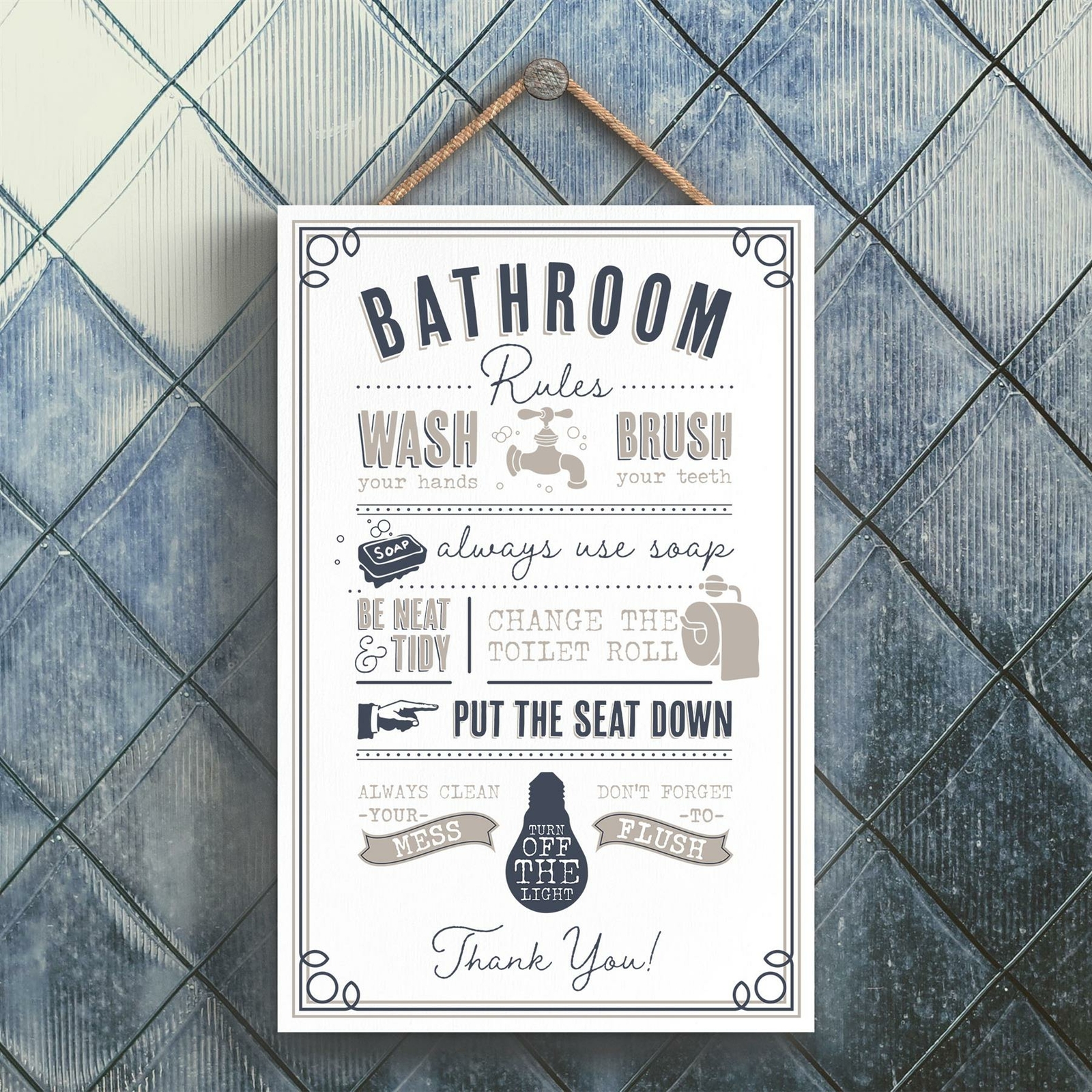 BATHROOM RULES MODERN GREY TYPOGRAPHY HOME HUMOUR WOODEN HANGING PLAQUE