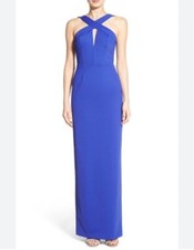 ADRIANNA PAPELL Cobalt Halter Criss-Cross Keyhole Neoprene Column Maxi Gown 10
