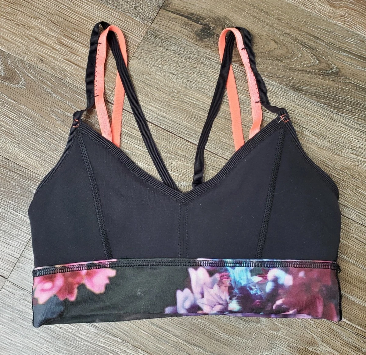 Lululemon Women's Floral 4 Sports Bra Black Strappy Back NO PADS Gym Yoga