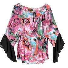 Bob Mackie Wearable Art Flowy Blouse Bell Sleeves Watercolor Brush Stroke Artsy