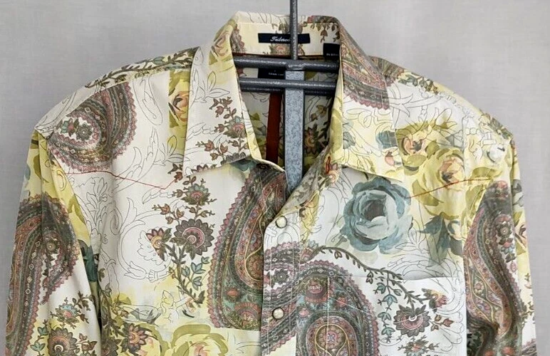 Indigo Palms Western Style Snap Front Shirt Mens Lg Paisley Floral Long Sleeve