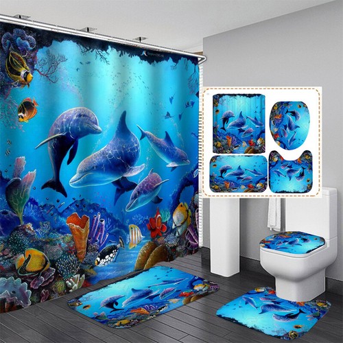 3D Ocean Dolphin Shower Curtain Or Bathroom Rug Non Slip Bath Mat Toilet Cover - Picture 15 of 18