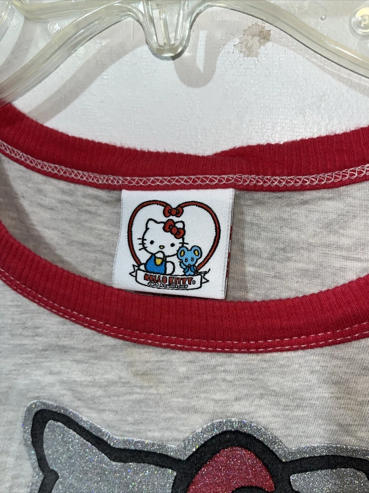 Hello Kitty T-Shirt Girls Large Gray Red Ringer 40th Anniversary Short Sleeve - Image 2 of 4