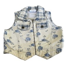 Vintage Swat Girls Medium 10/12 Denim Jean Vest Blue Plaid Floral 80s 90s