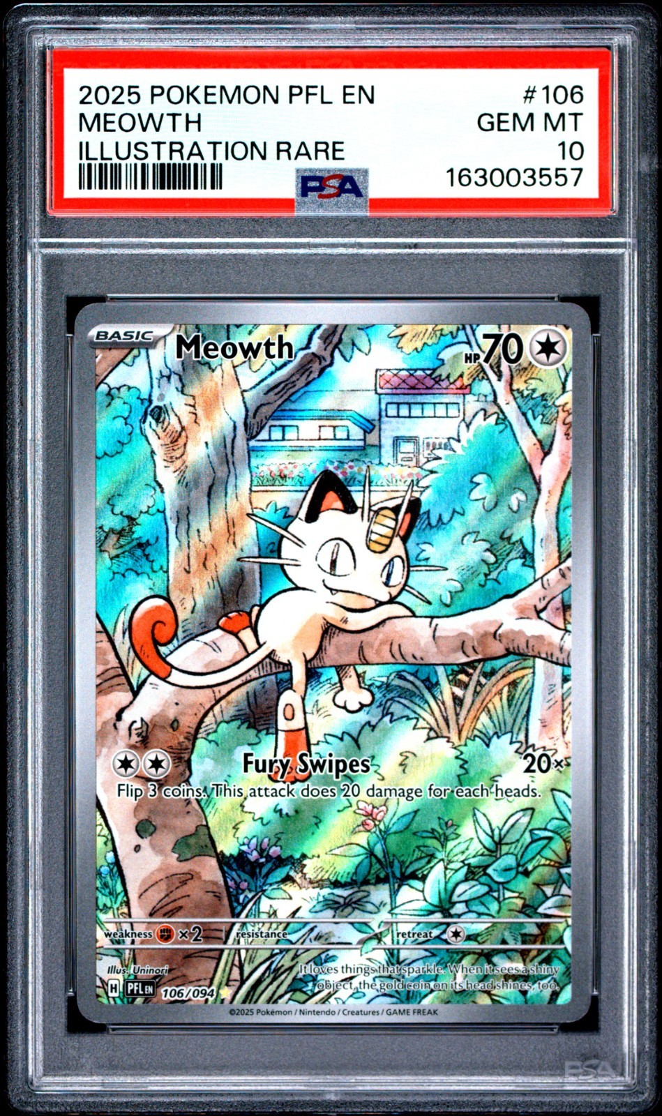 Meowth PSA 10 English Pokemon Card 106 Phantasmal Flames 2025 IR Alt Art