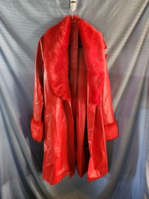 Womens Finesse Red Faux Leather Coat Fur Trim Duster Jacket XL