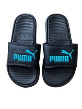 PUMA Cool Cat 2.0 slides Kids Size 4 Black With Teal Logo On Front Summer Travel