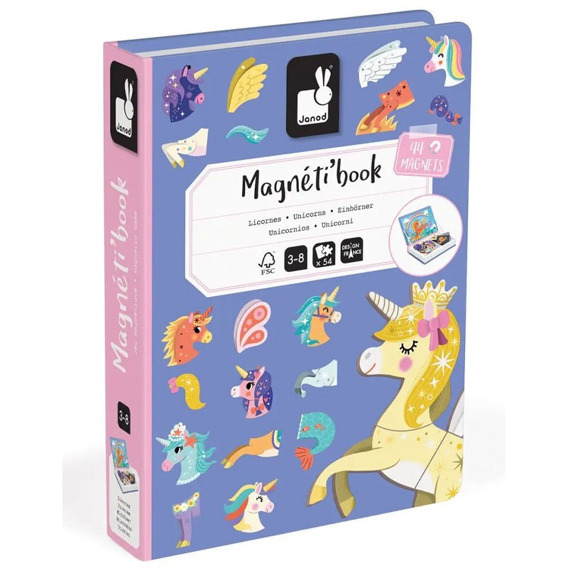 Jeu éducatif Magnéti'Book Licorne Janod avec 44 magnets colorés pour enfants