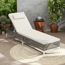 Rattan White Sun Lounger 6-Level Adjustable Garden Chaise Lounge Chair